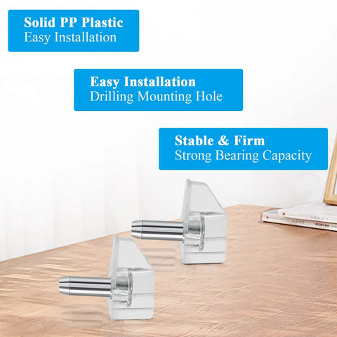 Heavy Duty Clear Shelf Pin Pegs 3mm With Solid Zinc Steel Core 30 Pack Adjustable Cabinet Support Brackets on wooden surface.