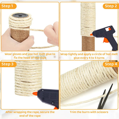 Step-by-step guide for using Thick 5mm Sisal Rope For Cat Scratcher Tree 50 Feet Cat Tower Climbing Twine For Scratch Post Replacement And Repair DIY White Easy Fix To Restore Worn Posts.
