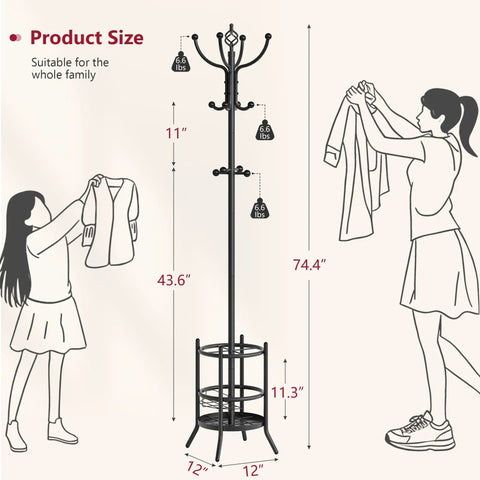 Coat Rack Stand With Umbrella Holder Freestanding 16 Hook Coat Tree for Entryway with dimensions and capacity indicated