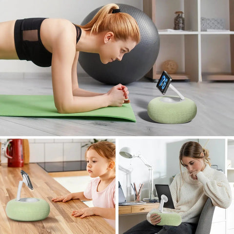 Magnetic Phone Pillow Stand For Bed And Desk With Snack Bowl And Two Magnetic Rings Hands Free Holder shown in various uses.