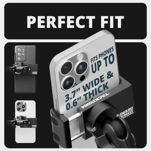 Close-up of All Metal Motorcycle Phone Mount With 20MAXX Vibration Dampening Spring Cradle holding a smartphone