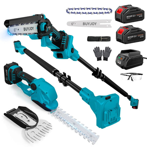 Six In One Pole Saw And Cordless Hedge Trimmer Kit with accessories and batteries, showcasing 8.5 ft reach for lawn care.