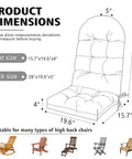 Product dimensions for Adirondack Chair Cushions Set Of 2 Weather Resistant High Back Rocking Patio Cushions Indoor Outdoor Tufted Thick Seat Pads showing seat size 15.7x19.6x4 inches and back size 28x19.6x5 inches.