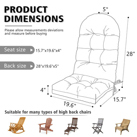 Product dimensions for Adirondack Chair Cushions Set Of 2 Weather Resistant High Back Rocking Patio Cushions Indoor Outdoor Tufted Thick Seat Pads showing seat size 15.7x19.6x4 inches and back size 28x19.6x5 inches.