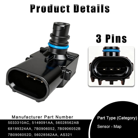 MAP Sensor 5033310AC For Chrysler Dodge Jeep Volkswagen Ram Vehicles, Plug And Play Manifold Absolute Pressure Sensor Replaces 5149091AA, 3 pins