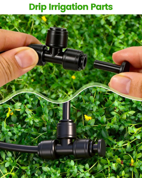 Close-up of Quick Connect 1/4 Inch End Cap Fittings for Drip Irrigation Systems, sealing and leak-proof, garden use