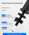 Image showing faucet accessories including 4.33" threaded rods, quick-connect fittings, and mounting parts for Black Reverse Osmosis Kitchen Sink Faucet For Under Counter Water Filtration Systems Nsf Certified Lead Free Single Handle Design Fits Most Rv And Home Setups With No Sweat Installation.