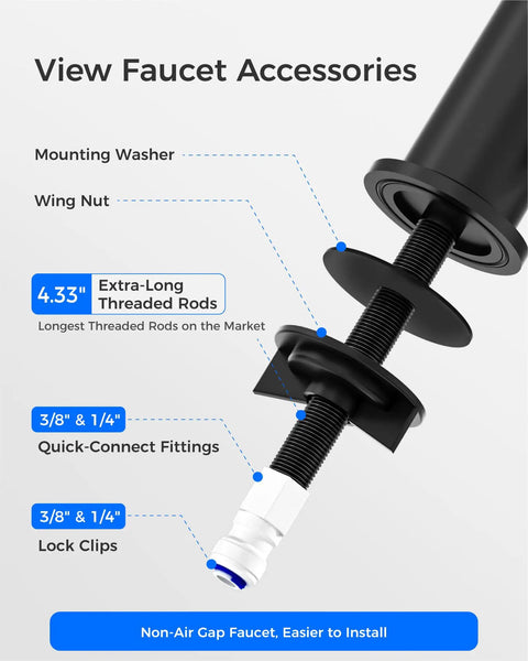 Image showing faucet accessories including 4.33" threaded rods, quick-connect fittings, and mounting parts for Black Reverse Osmosis Kitchen Sink Faucet For Under Counter Water Filtration Systems Nsf Certified Lead Free Single Handle Design Fits Most Rv And Home Setups With No Sweat Installation.