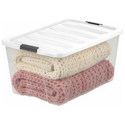 Slick 94 Quart Storage Bins With Secure Lids 8 Pack Bpa Free Clear Plastic Containers with blankets inside for home organization