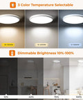 12 Inch Flush Mount Motion Sensor LED Ceiling Light with Remote, dimmable from 10-100%, color temperature 3000K-5000K.