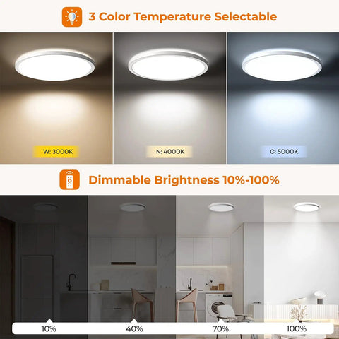 12 Inch Flush Mount Motion Sensor LED Ceiling Light with Remote, dimmable from 10-100%, color temperature 3000K-5000K.