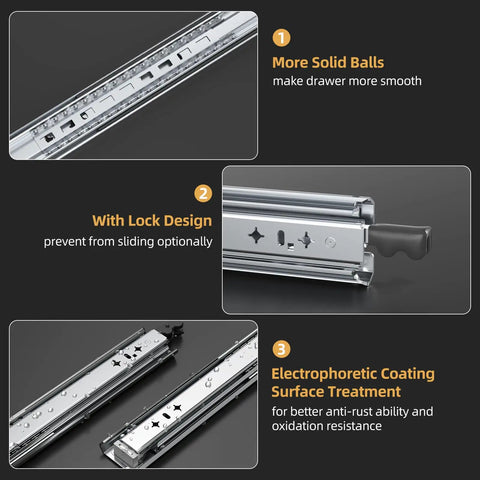 Heavy Duty Locking Drawer Slides with Full Extension Ball Bearing Side Mount Rails, 18-40 inch, detail view with lock design, 265 lb capacity.
