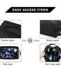 Travel Toiletry Organizer Dopp Kit For Men Large Water Resistant Shaving Bag For Toiletries And Accessories Multi Size Carry Case showing double zipper and easy access compartments in black.