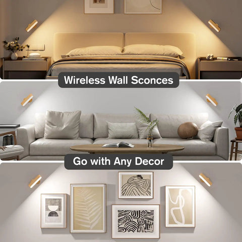 Cordless Wall Sconces Pair, Zero Wire Fuss Setup With Massive Rechargeable Battery, Smooth Dimming Control, Built Tight For Any Room, Straight Up Game Changer For Cozy Lighting in a stylish bedroom and living room setting.