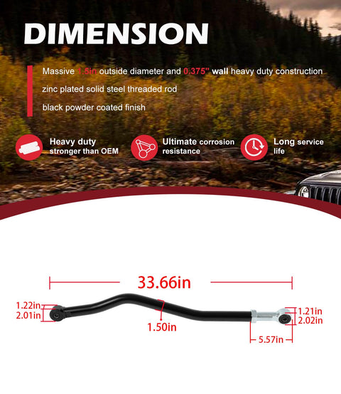 Beefed-Up Front Adjustable Track Bar For Jeep Wrangler JK JKU 2007 Through 2018 Fits 1-6 Inch Lift 1.5 Inch OD Solid Steel Panhard Bar Eliminates Death Wobble Maintenance Free Sealed Bushing Black, 33.66in black steel front track bar dimensions