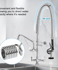 Heavy Duty 44 Inch Pre Rinse Hose With Grip Handle And Spring For Commercial Sinks stainless steel in a restaurant kitchen