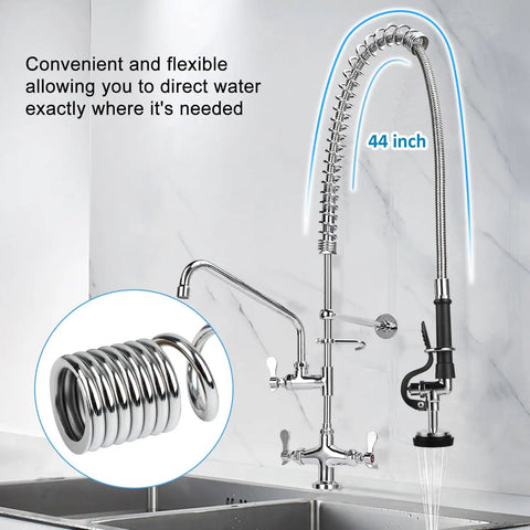 Heavy Duty 44 Inch Pre Rinse Hose With Grip Handle And Spring For Commercial Sinks stainless steel in a restaurant kitchen