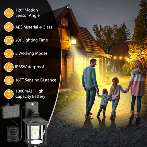 Family illuminated by Solar Powered Outdoor Light With Motion Sensor And Dual E26 Bulbs, IP65 Waterproof Split Design for porch lighting