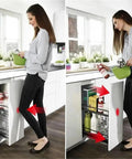 Woman using 10 Pack Magnetic Push Latches For Cabinets And Drawers in kitchen, showing ease of push to open and sleek design.