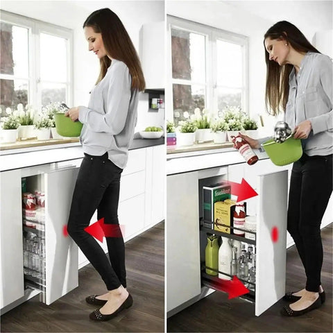 Woman using 10 Pack Magnetic Push Latches For Cabinets And Drawers in kitchen, showing ease of push to open and sleek design.