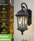 Large Outdoor Wall Light With Water Glass Shade, black waterproof exterior sconce in classic European style, rain illustration