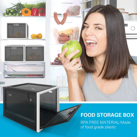 Large Capacity Medication Lock Box With Code Lock For Fridge Or Cabinet Safe Storage beside open fridge and woman holding an apple.