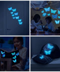 Collage showing luminous butterfly wall stickers set with 58 pcs phosphorescent colorful wall art in kids' rooms and on objects.