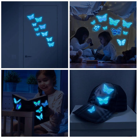 Collage showing luminous butterfly wall stickers set with 58 pcs phosphorescent colorful wall art in kids' rooms and on objects.