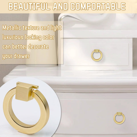 4 Pack Gold Cabinet Knobs With Screws, Brushed Gold Ring Pulls for Dresser and Wardrobe, shown installed on white drawer