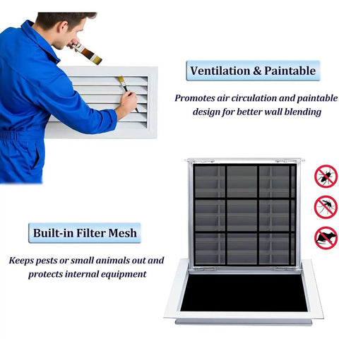 Installation of Heavy Duty Aluminum Louvered Vent For Cabinets Rock Solid Heat Dissipation Access Panel With Sleek Waterproof Finish Smooth Six By Fourteen Inch Airflow Cover Built Tough by applying paint.