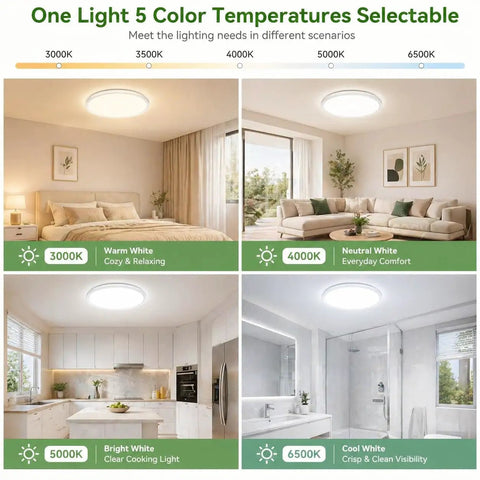 Six Pack 12 Inch LED Flush Mount Ceiling Lights No Fuss 24W 3200 Lumens Replaces Up To 240W 5 Color Temps Adjustable From 3000K To 6500K Round Bright Light Fixture For Bedroom Kitchen Bathroom Hallway Closet White