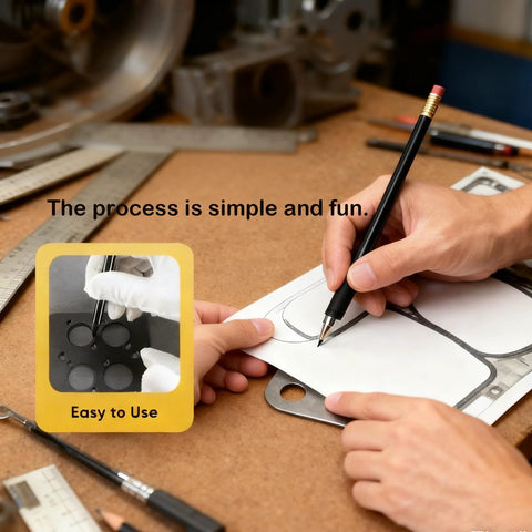 Non-asbestos gasket paper sheets for high-temp use; front view of workspace with a person drawing a gasket template.
