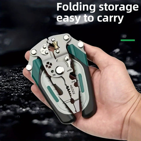 18 In 1 Folding Pliers Multi Tool For Electricians, Heavy Duty Wire Stripper Crimper Cutter, shown folded in hand