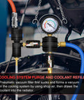 Cooling System Vacuum Purge Kit For Cars Trucks And SUVs Universal Pneumatic Coolant Refilling Tool Set with adapters shown in use.
