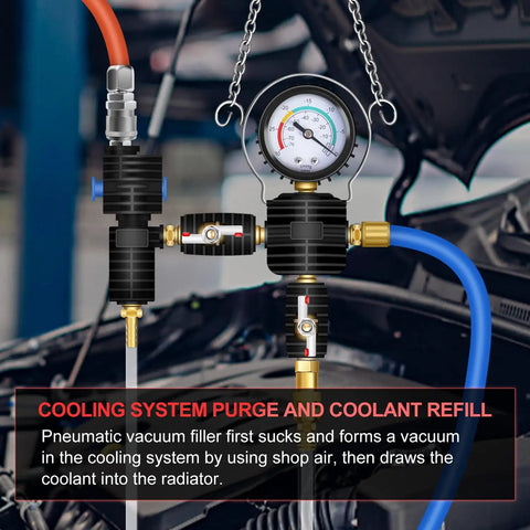 Cooling System Vacuum Purge Kit For Cars Trucks And SUVs Universal Pneumatic Coolant Refilling Tool Set with adapters shown in use.