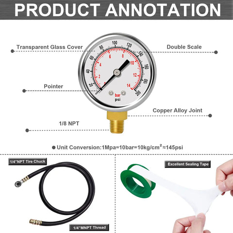 All In One Air Tank Valve Kit With Gauge And Repair Kit For Compressed Air Systems, Includes Two Inch Pressure Gauge