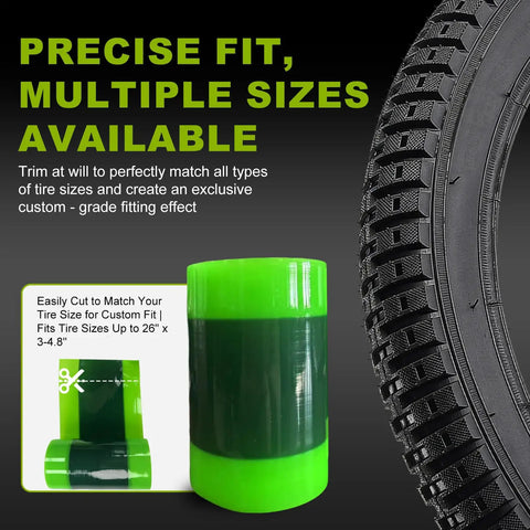 Product image showing a 2 Pack Fat Tire Liners For Fat Bikes And E Bike Tires 110mm Wide TPU Puncture Proof Inserts next to a bicycle tire