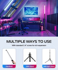 Handheld Light Wand With 360 Degree RGB LED Video Light Stick in studio setup, showing tripod, light stand, and handheld use options