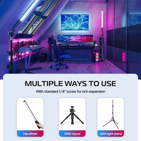 Handheld Light Wand With 360 Degree RGB LED Video Light Stick in studio setup, showing tripod, light stand, and handheld use options