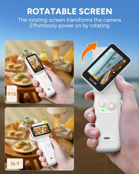 Person holding C400 Vlogging Camera For YouTube And Social Vlogs, 4K Ultra HD Image Quality, 64GB Storage with rotatable screen.