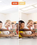 Magnetic Fluorescent Light Covers For Classrooms And Offices Five Pack Warm White Filters To Cut Glare in classroom setting before and after installation
