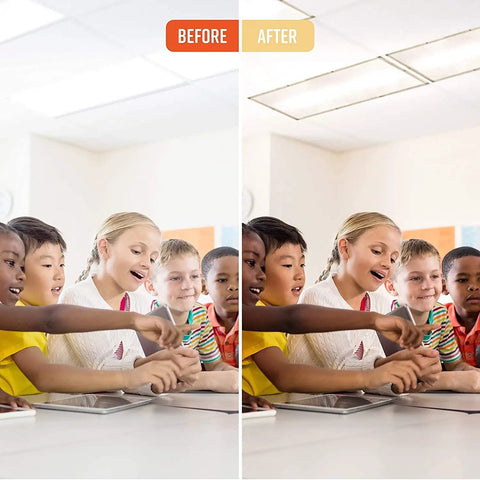 Magnetic Fluorescent Light Covers For Classrooms And Offices Five Pack Warm White Filters To Cut Glare in classroom setting before and after installation