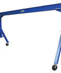 Heavy Duty Adjustable Height Gantry Crane Built Like A Tank For Daily Warehouse Moves Boasts Phenolic Casters And Quick Fork Lift Setup Spans Twenty Feet Reaching Fourteen Feet High To Move Six Thousand Pounds Effortlessly, shown from the side.