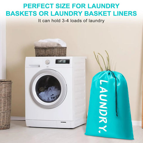 Two Pack XL Travel Laundry Bags With Drawstring Closure next to washing machine, 24 x 36 inches, 3-4 loads capacity, teal color.