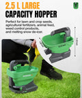 Battery Powered Fertilizer And Seed Spreader For Lawns And Driveways, showing 2.5L capacity hopper with dispersion settings.