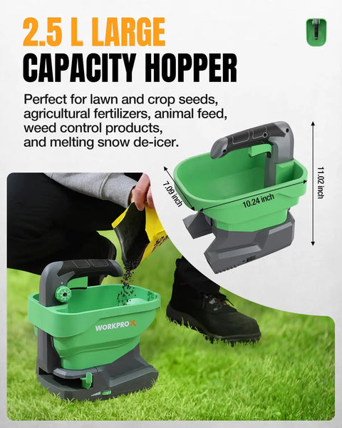 Battery Powered Fertilizer And Seed Spreader For Lawns And Driveways, showing 2.5L capacity hopper with dispersion settings.