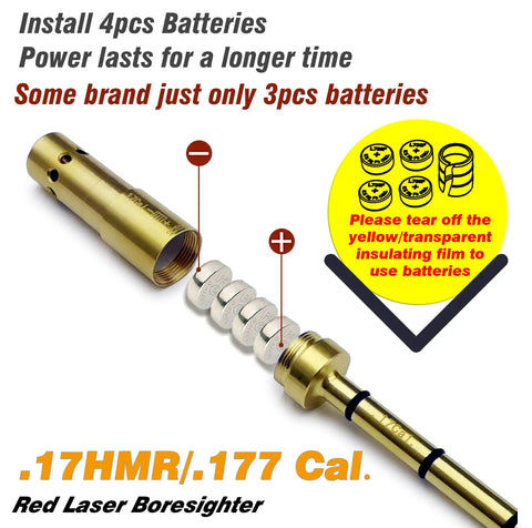 End Barrel Laser Bore Sight For 17HMR And.177 Cal, 4 batteries setup, brass body, Quick Fit Bore Sighter for firearms