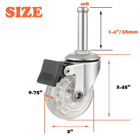Two Inch Swivel Caster Wheels Set Of Four With M8 38Mm Long Grip Neck Stem And Brake, image showing wheel dimensions and brake features.