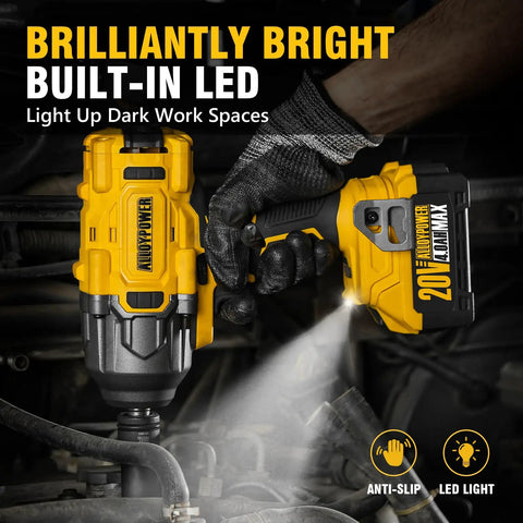 Cordless Brushless Impact Wrench With 1500 Ft Lbs Breakaway Torque Half Inch Drive shown with LED light in use