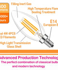 Diagram explaining features of LED Filament E14 Candle Light Bulb 2700K Warm White, 400 Lumens, 40W Equivalent, C35 Non Dimmable